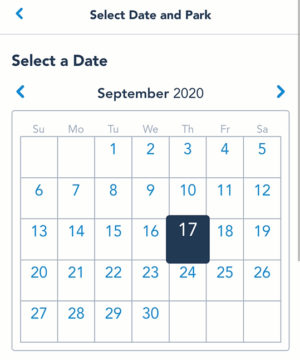Disney Park Pass System Select a Date